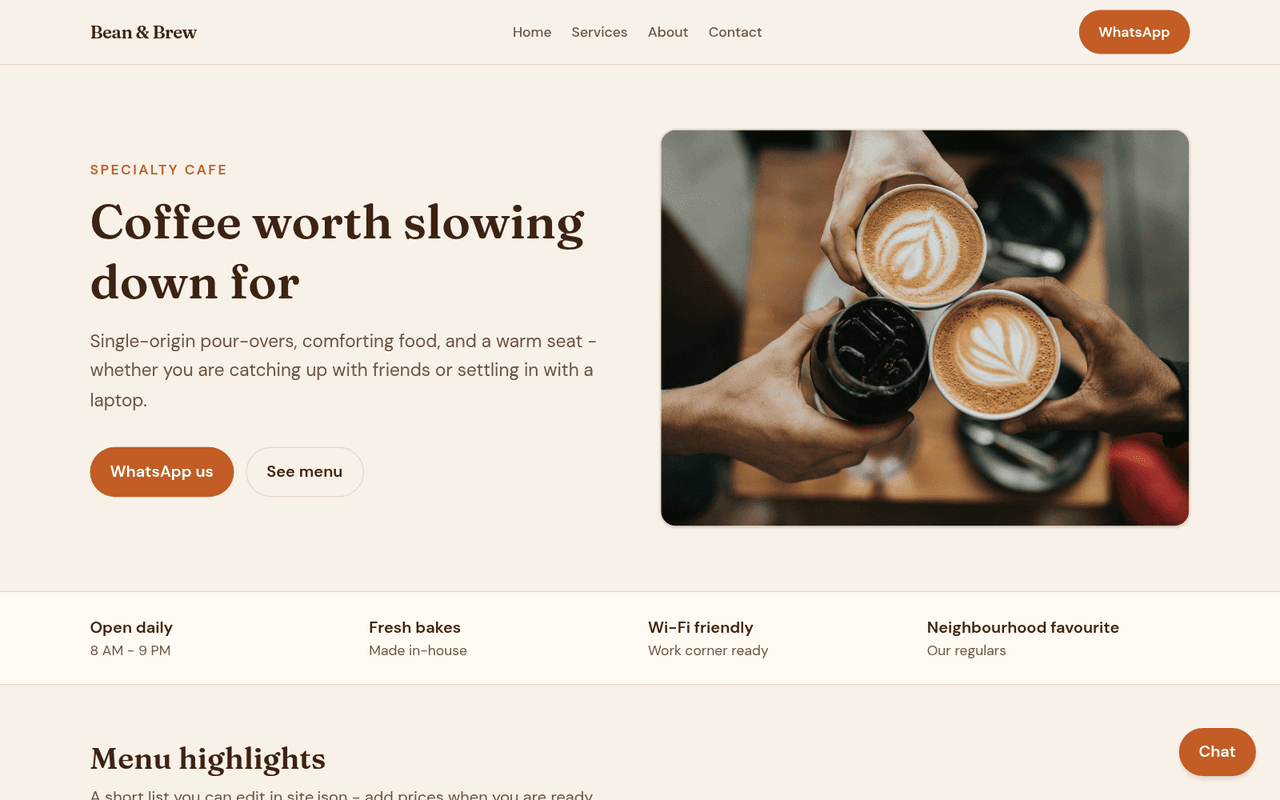 Café website demo on desktop