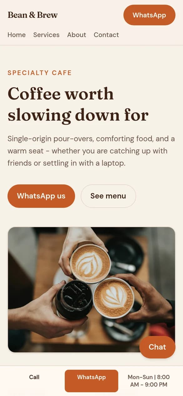 Café website demo on mobile