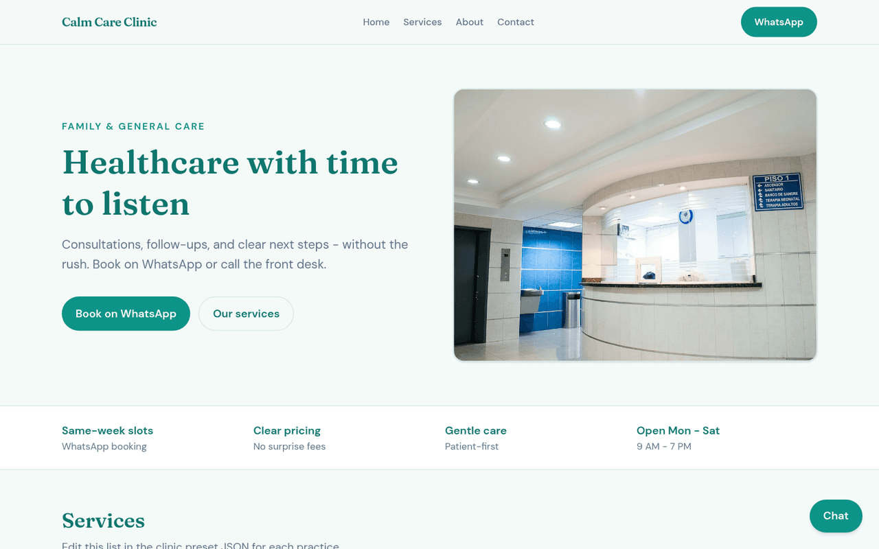Clinic website demo on desktop
